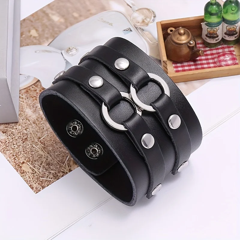 1pc Genuine Leather Punk Style Double Layered Cowhide Leather Bracelet For Men Women For New Year Christmas Party Birthday Gifts