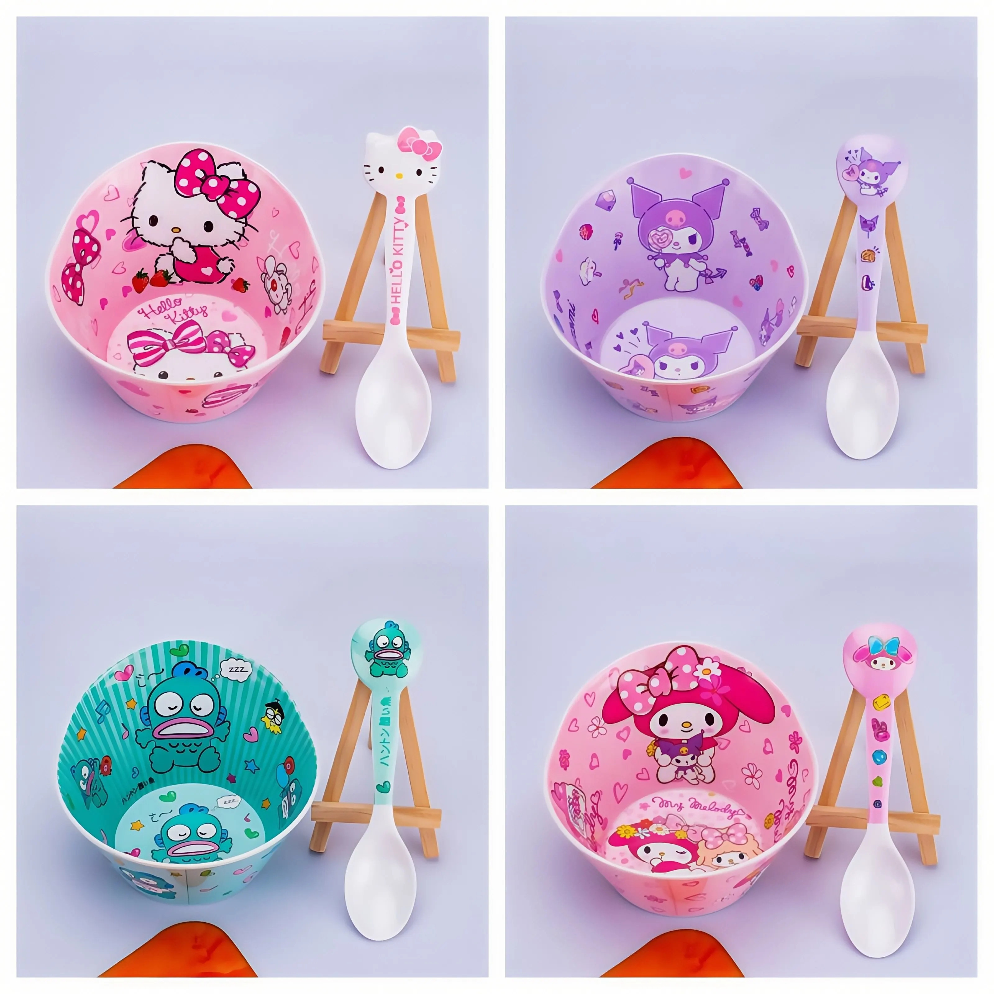 �y�Z�[�����zAnime Hello Kitty Imitation Porcelain Bowl Cute Children Eating Bowl Anti Scalding Cartoon Shaped Bowl Spoon Tableware NEW