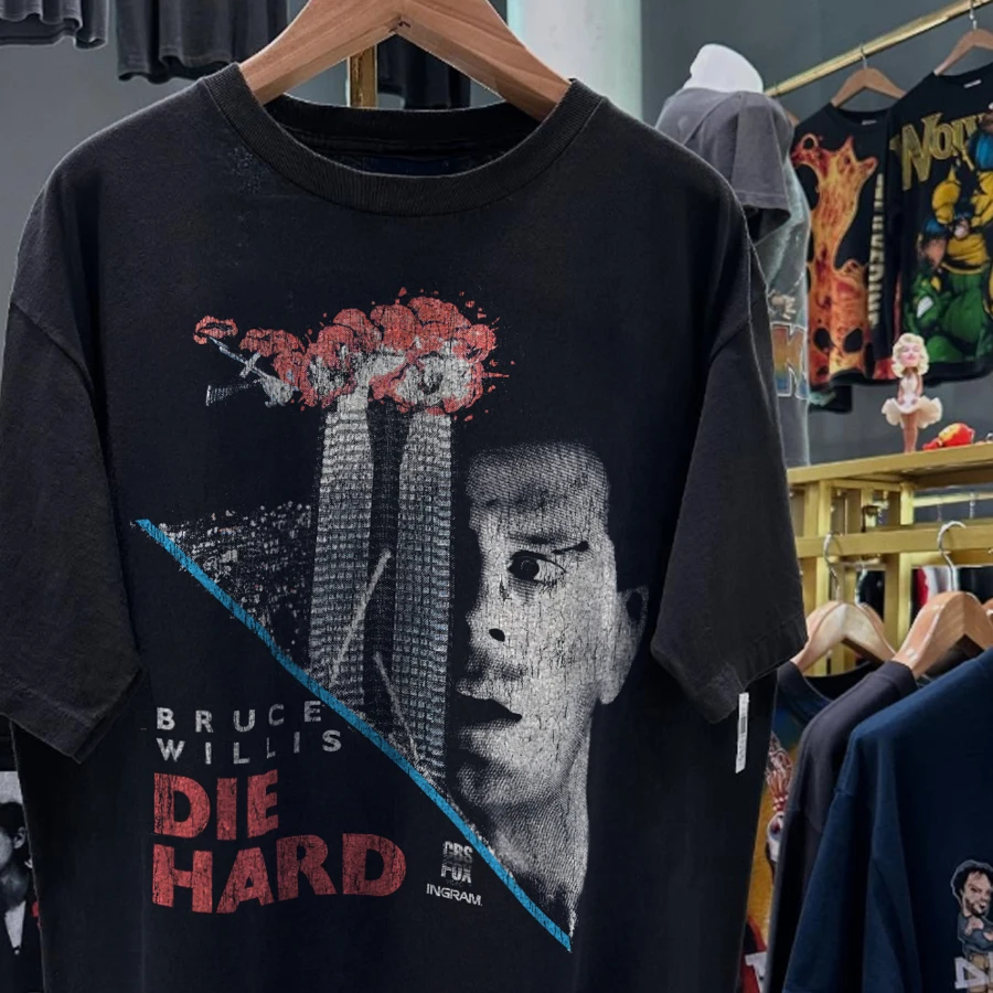 90s Die Hard Bruce Willis Rare Washed Black T-Shirt Y2K Style Underground Print Loose Retro Summer
