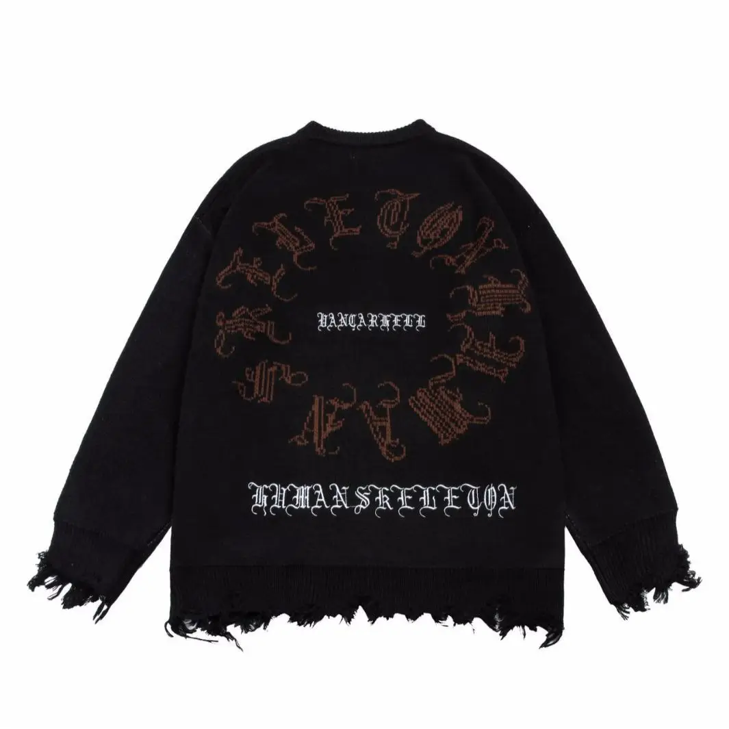 Hip Hop Streetwear Skeleton Jacquard Ripped Hem Knitted Sweater Men Autumn Pullover Sweaters Fashion Couple Y2k Streetwear