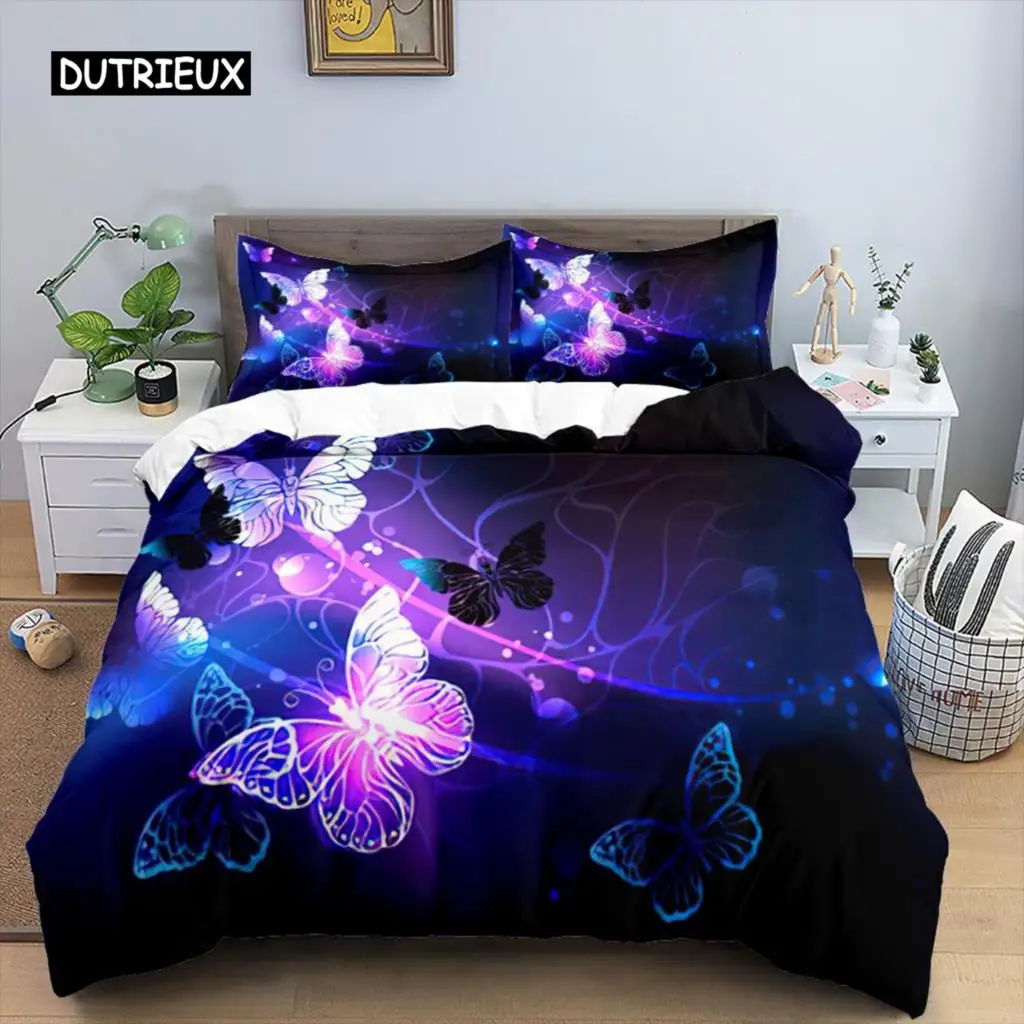 Butterfly Duvet Cover Set Polyester 3D Purple Butterfly Bedding Set Dreamy Night Butterfly Quilt Cover King Size Comforter Cover