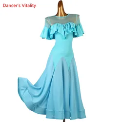 Ballroom Dance Dress Mesh Round Neck Long Skirt Short Sleeve Performance Clothing Custom Child Woman Competition Clothes