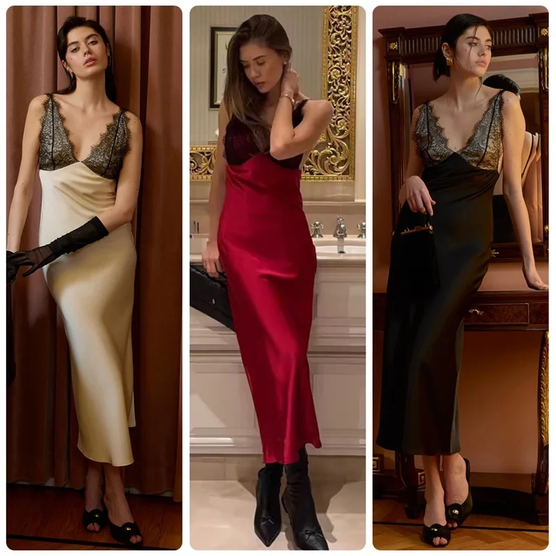 Sexy Lace Satin Prom Dress V‑Neck Adjustable Spaghetti Strap Backless Slim Fit Party Gown Elegant Sheath Evening Robe