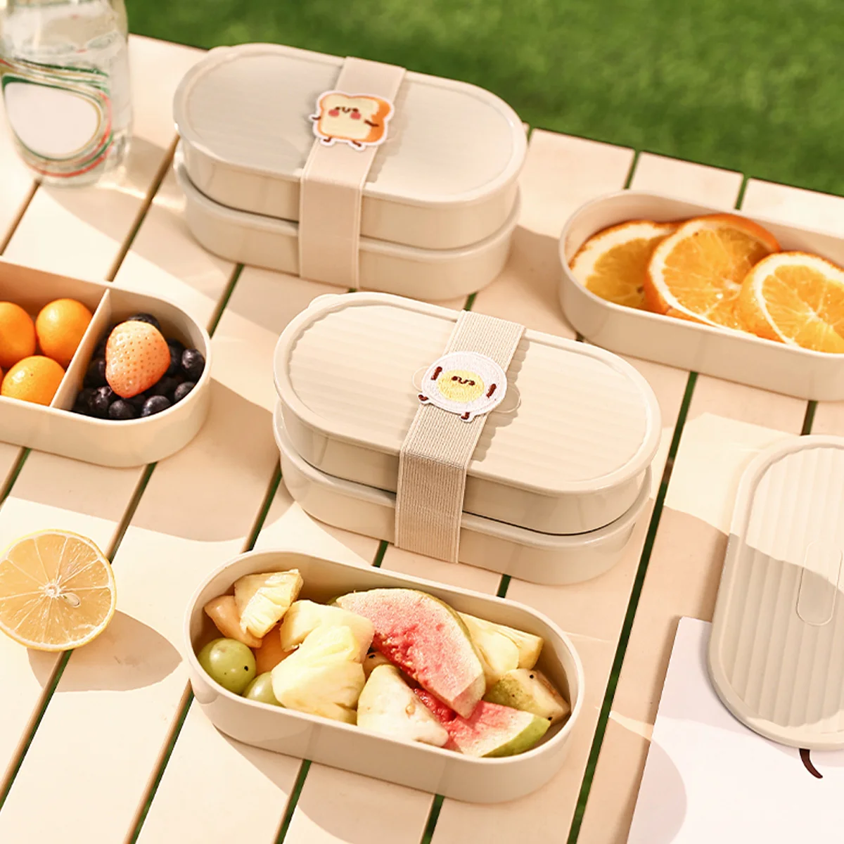 Caja Bento para ensalada de frutas de doble capa, 730Ml, con correas de dibujos animados, fiambrera de plástico reutilizable para estudiantes y niños, para Picnic escolar, microondas