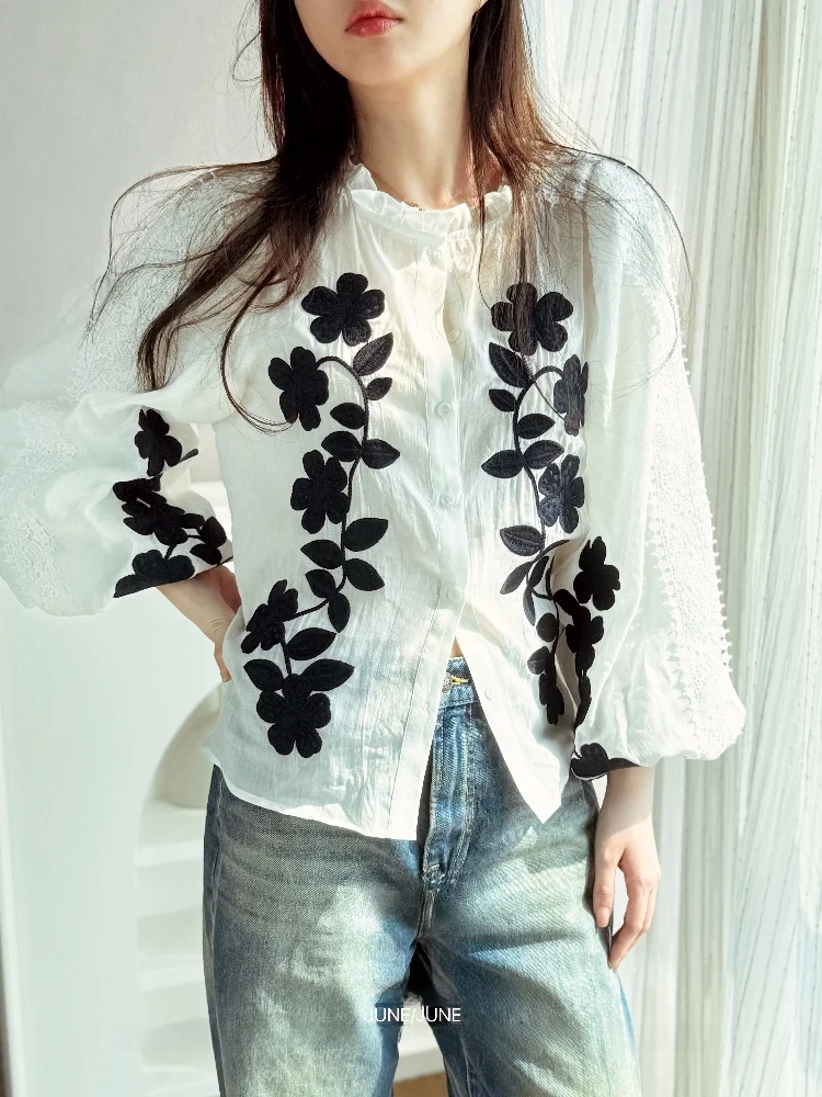 

Ele Embroidered Loose Cotton Linen irt Женские манжеты Bell Sve на пуговицах irt French Sle Summer Faion Ladies irt