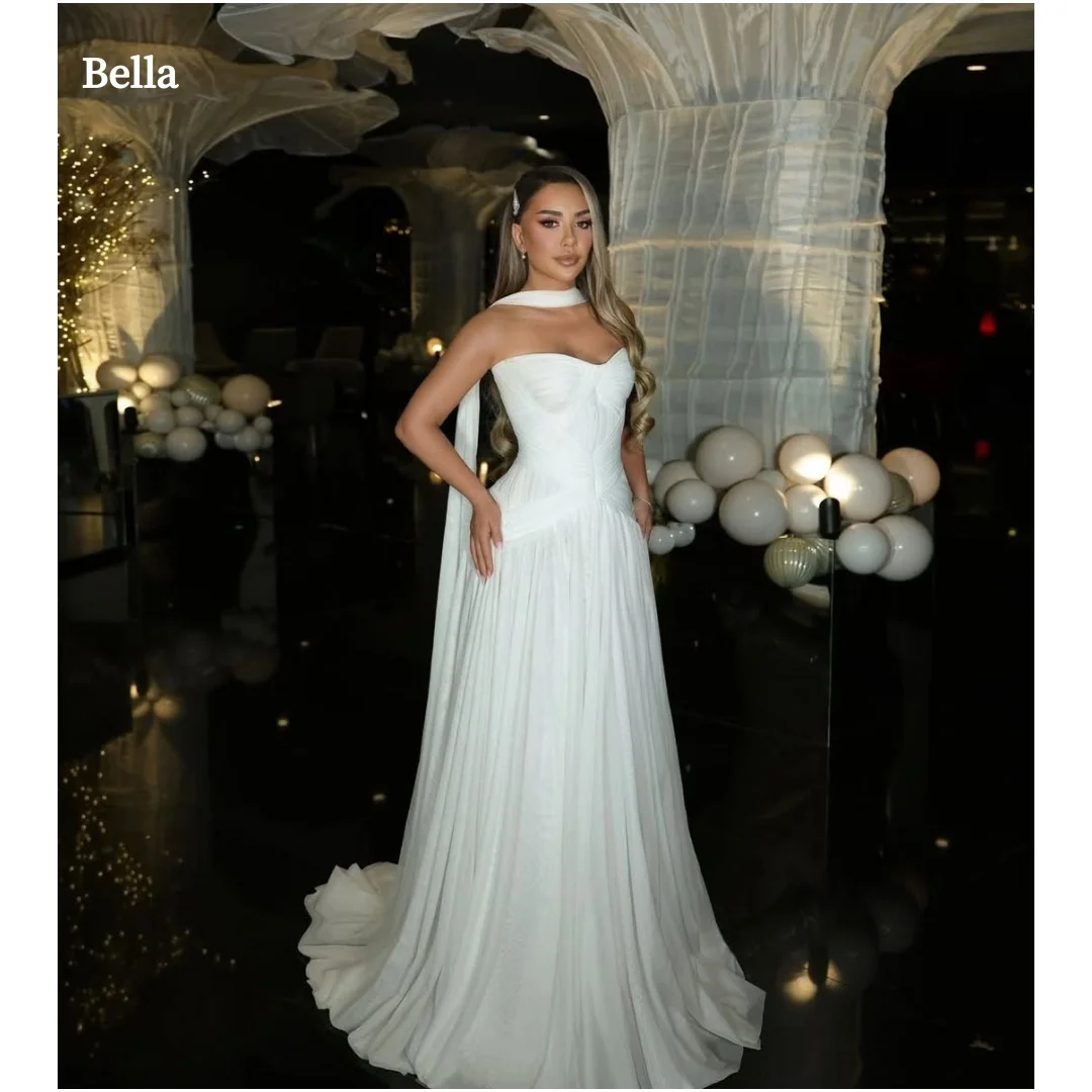 

Bella Customized White Strapless Prom Dress Halter Neck Pleated Chiffon A Line Train Elegant Party Dresses robes de soirée 2026
