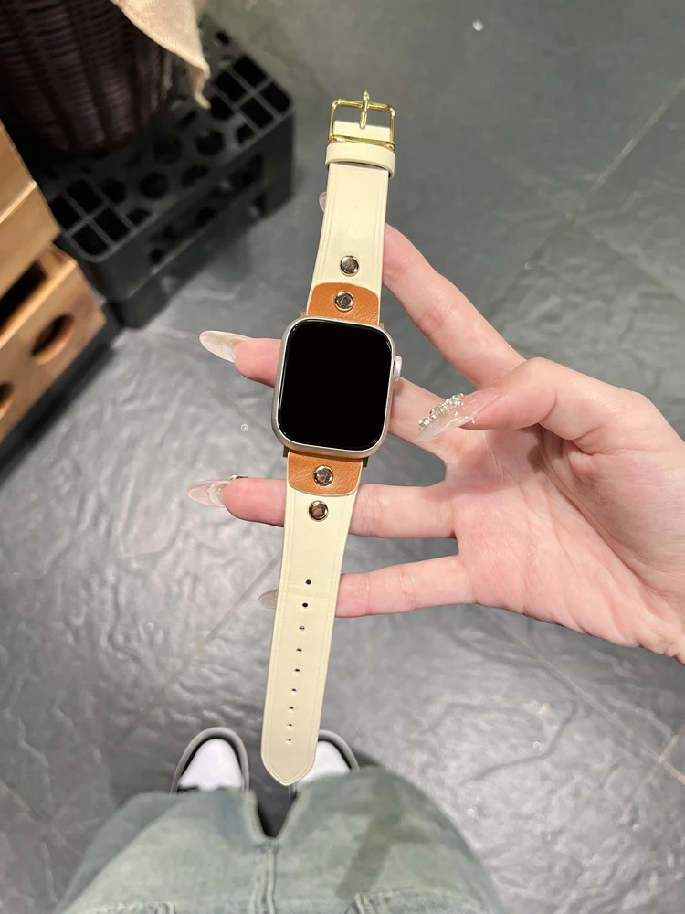 

Ремешок для Apple Watch Series 9, 8, 7, 6 SE 5, 4, 38/40/41/42/44/45 мм iWatch Ultra 2, 49 мм, модный кожаный ремешок, браслет контрастного цвета