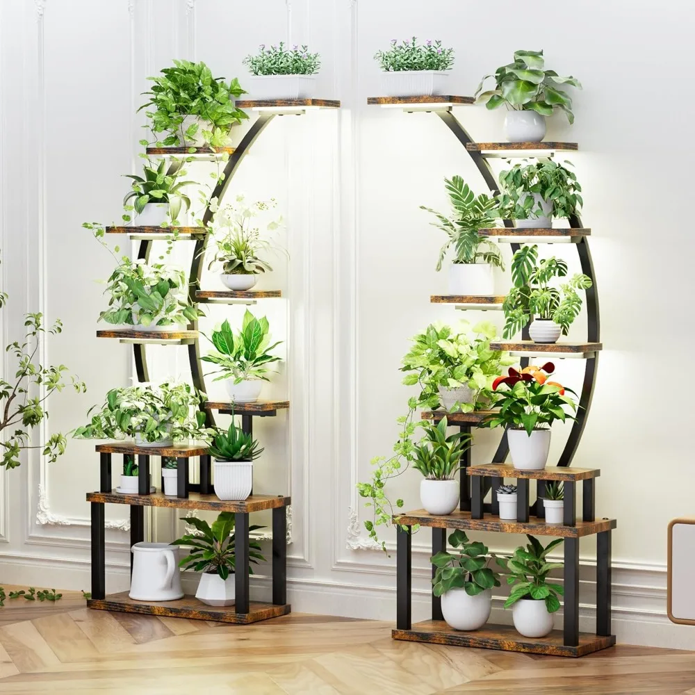 

Plant Stands Indoor with Glow Lights 9 Tiered Large Metal Plant Rack Shelves Half-Moon Shape Curved Plant Flower Display Rack.