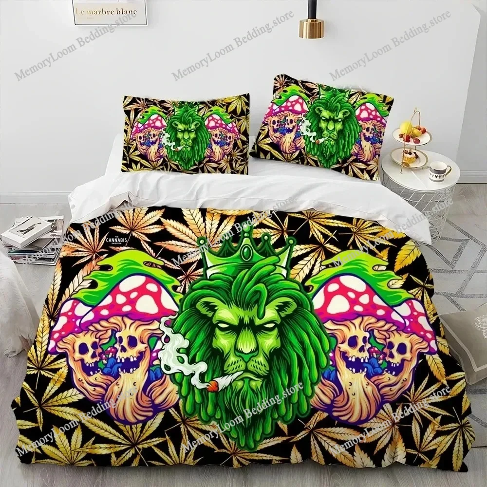 Artwork Unique Maple Weed Plant Green Death Skull Smoke Bedding Set Queen/King Size Duvet Cover Comforter Soft Cozy Home Textile