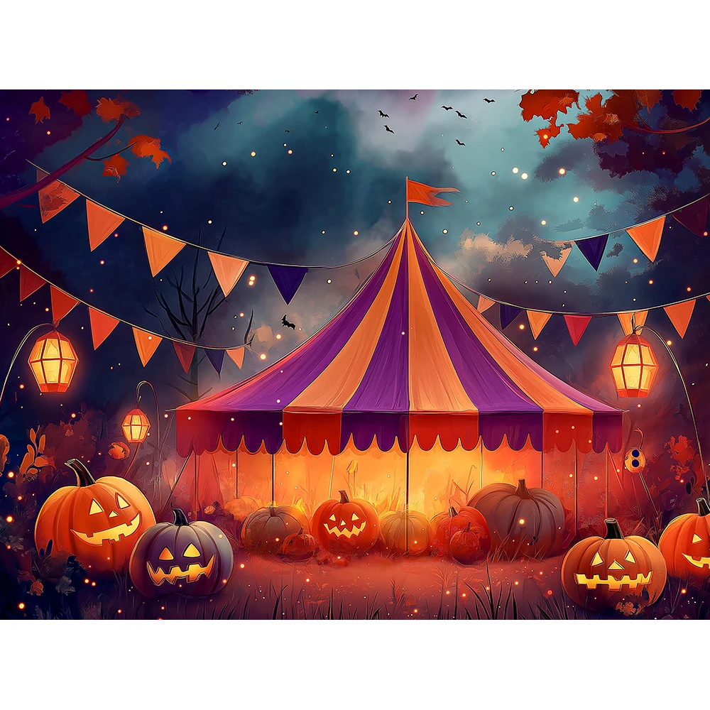 Halloween Pumpkin Circus Backdrop Kids Adult Photography Castle Festival Spooky Store Big Moon Backgrounds