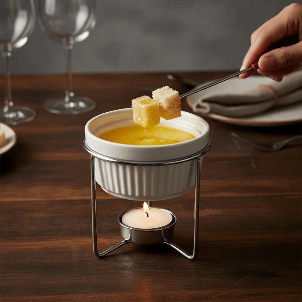 Ceramic Butter Warmer Fondue Pot Stable Metal Rack Microwave-safe Cheese Melting Pot Evenly Heated Removable