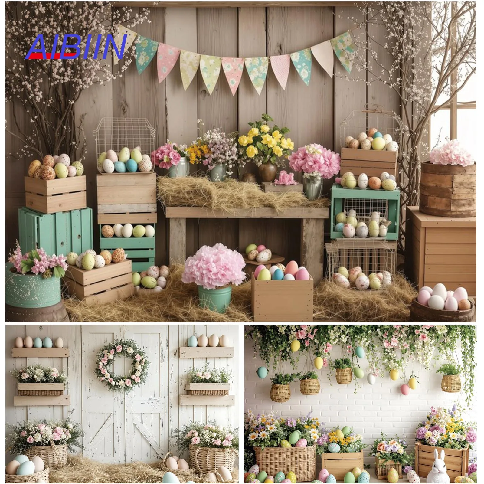 

Spring Easter Photography Backdrop Color Eggs Wood Brick Wall Bunny Rabbit Birthday Baby Shower Party Decor Portrait Background