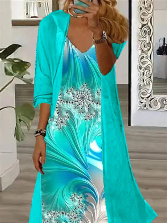 Vestido feminino manga comprida com decote em V, tamanho grande, padrão gradiente estampado, terno de duas peças, elegante, festa, verão