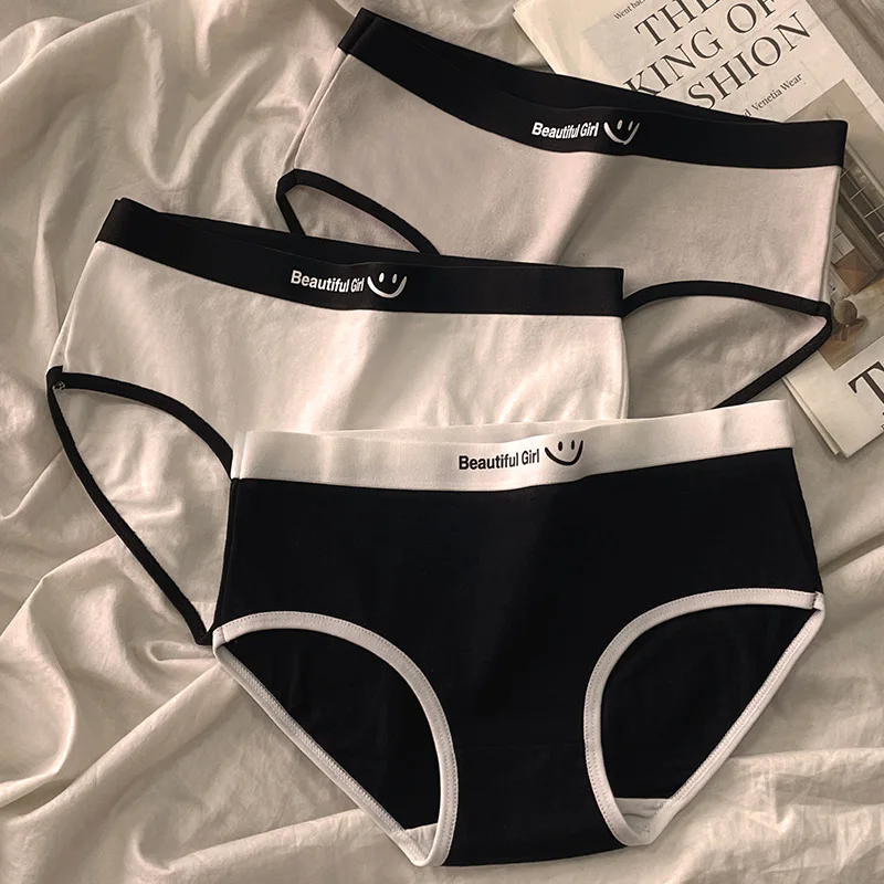 3PCS Cotton Briefs Girls Women's Panties Solid Underwear Mid Waist Soft Breathable Underpants Female