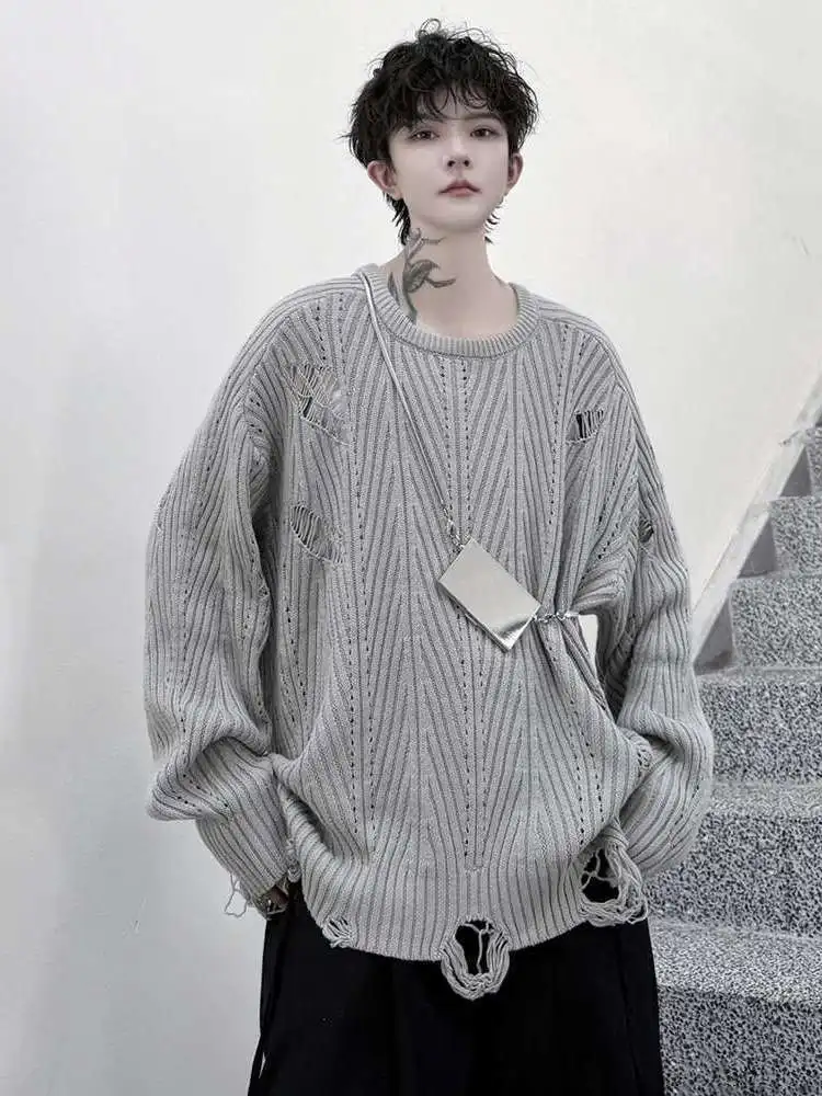 루젠 스웨터 풀오버 2025 루즈핏 솔리드 니트 컬러 홀로우 탑스 개성있는 멋진 트렌디 남성 캐주얼 아우터웨어 JY4682