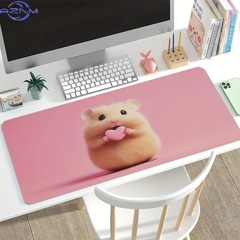 Hamster Hug Heart Pink Background Mouse Pad Large Esports Gaming Office MousePad , Anti-Slip Rubber Accessories Long Desk Mat
