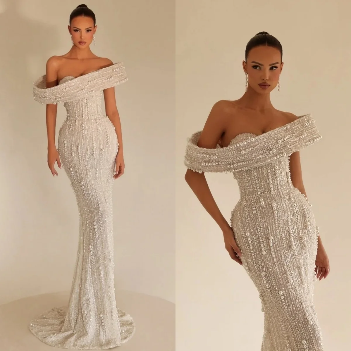 Elegant Wedding Dresses Pearls Off Shoulder Mermaid Bridal Gowns Sequins Princess Slim Fit Customized Vestidos De Novia