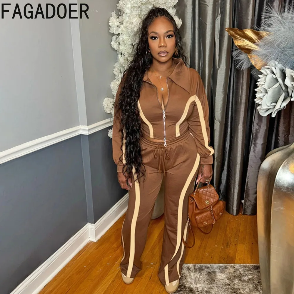 FAGADOER Set 2 Potong Kasual untuk Wanita Pakaian Atasan Crop Lengan Panjang Motif Garis Patchwork + Celana Serasi Pakaian Streetwear Wanita