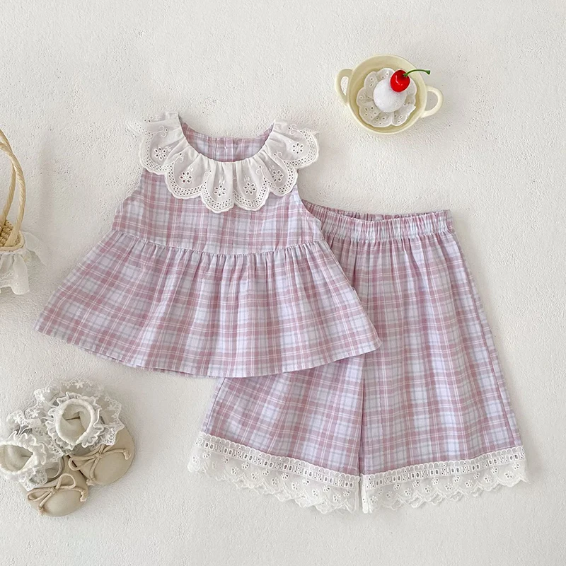 2026 New Summer Korean Style 0-5Yrs Children Clothes Set Sleeveless cotton Grid splicing vest+pants Baby Girl Clothes Suit