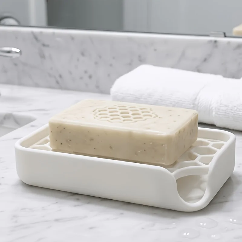 Creative Honeycomb Soap Dish Holder with Self Draining Tray, 3D Printed Rectangular Soap Saver Box Case for Bathroom Countertop