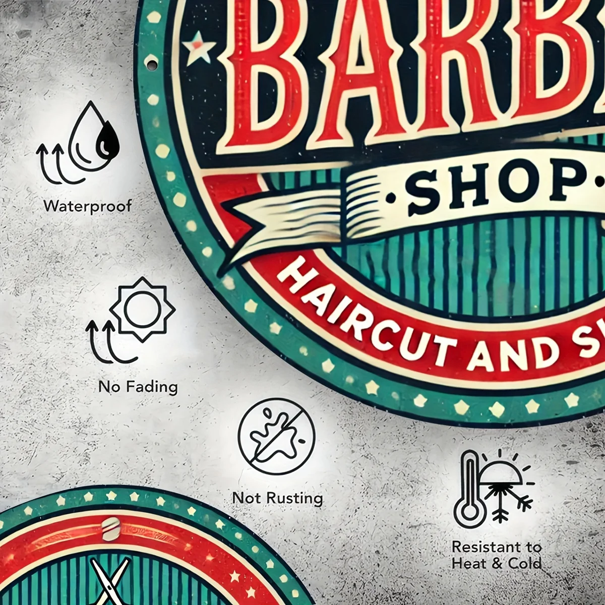 قطعة واحدة من لافتة ألومنيوم مستديرة لصالون الحلاقة الرجعية، مقاس 8 × 8 بوصات لوحة فنية جدارية معدنية عتيقة، مقاومة للماء والصدأ، سهلة التعليق، متينة