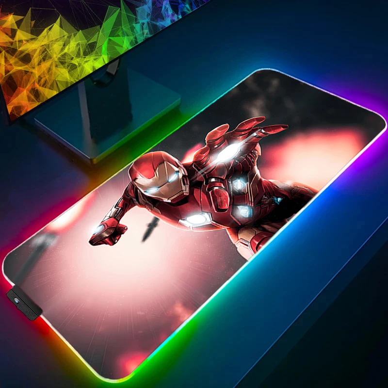 Podkładka pod mysz RGB Iron Man Edge White XXL z obszyciem, podświetlana, akcesoria gamingowe, podkładka pod mysz LED dla graczy komputerowych, mata na biurko.