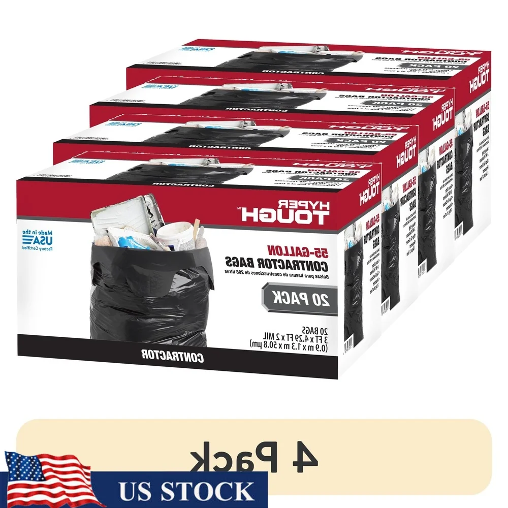 

55 Gallon Heavy Duty Contractor Bags 2 MIL Thick Flap Tie Closure Puncture Tear Resistant 20 Count Versatile Easy Dispense