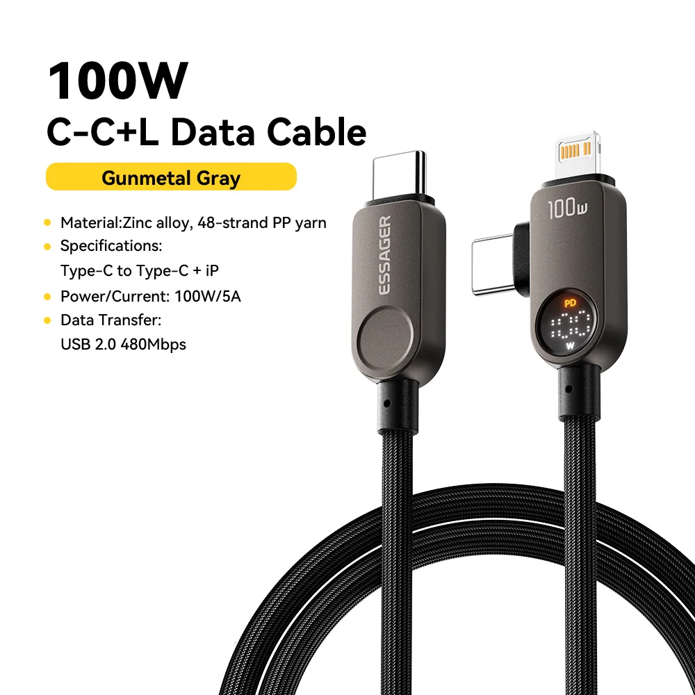 Essager 2-in-1 USB-C-Kabel 100W PD Schnellladekabel Typ-C zu Lighting-Kabel für iPhone 17 16 15 14 MacBook iPad Xiaomi