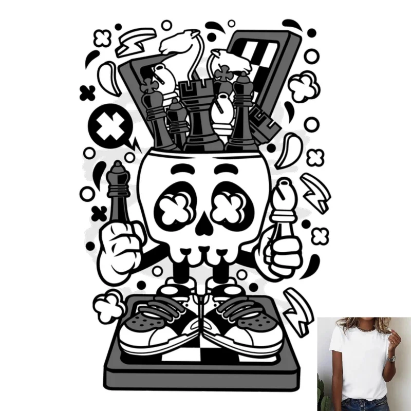 Trendy Skull Chessboard Shoes Heat Transfer White Ink Iron - on Patch, Stylish Cartoon Chess Pattern, Suitable for T - shirts,