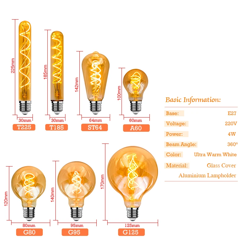 الرجعية اديسون LED دوامة خيوط لمبة ، خمر ضوء شمعة ، الزجاج لمبة ، E27 ، E14 ، 220 فولت ، 4 واط ، A60 ، C35 ، ST64 ، T225 ، G45 ، G80 ، G95 ، G125