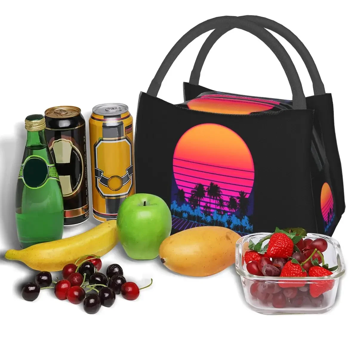 

80s Vaporwave Retro Palm Trees Sunset Racerback Lunch Bags Cooler Warm Insulated Lunch Box Picnic Camping Work Travel Bags