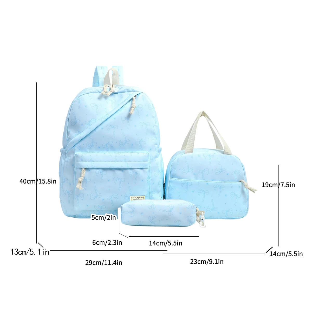 Elegant and Sweet Bow Print Three Piece Backpack Set Nylon Lightweight Large Capacity Backpack Campus Commuting Student Backpack