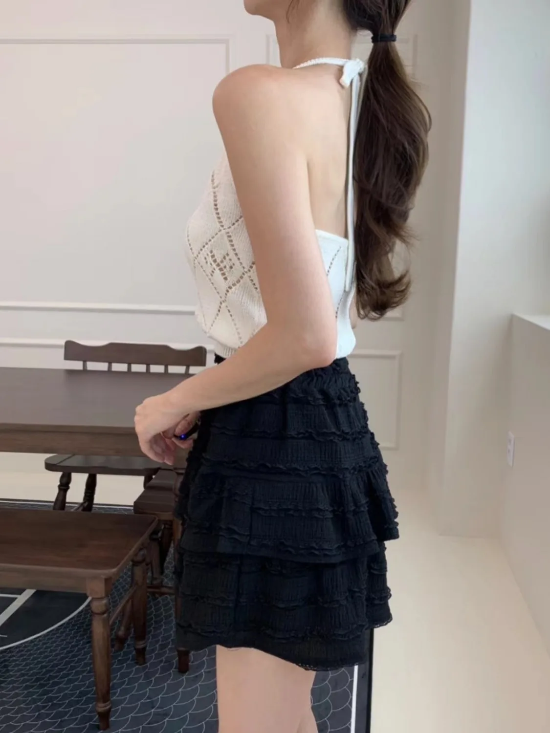 Chic Summer Sexy Bal Design Versatile Slimming Knitted Top Women's Hanging Ne  Ba Knot Weaving Upper Apparel