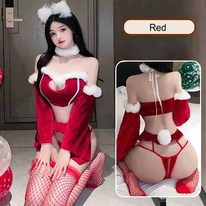 Women Sexy Costumes Hollow Out Top Choker Ruffle G-string Christmas Cosplay Outfit Maid Set FurBall Decoration Sexy Lingerie Set