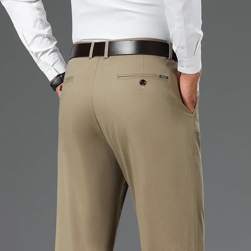 

97,8% хлопковые мужские повседневные брюки, классические прямые свободные деловые офисные брюки среднего возраста, удобные эластичные саржевые брюки