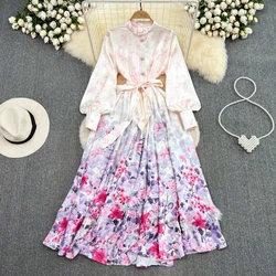 Fashion Bohemian Maxi Dress Spring Women Vintage Flowers Print Waist Lace Up Stand Up Collar Lantern Sleeve A Line Beach Dress