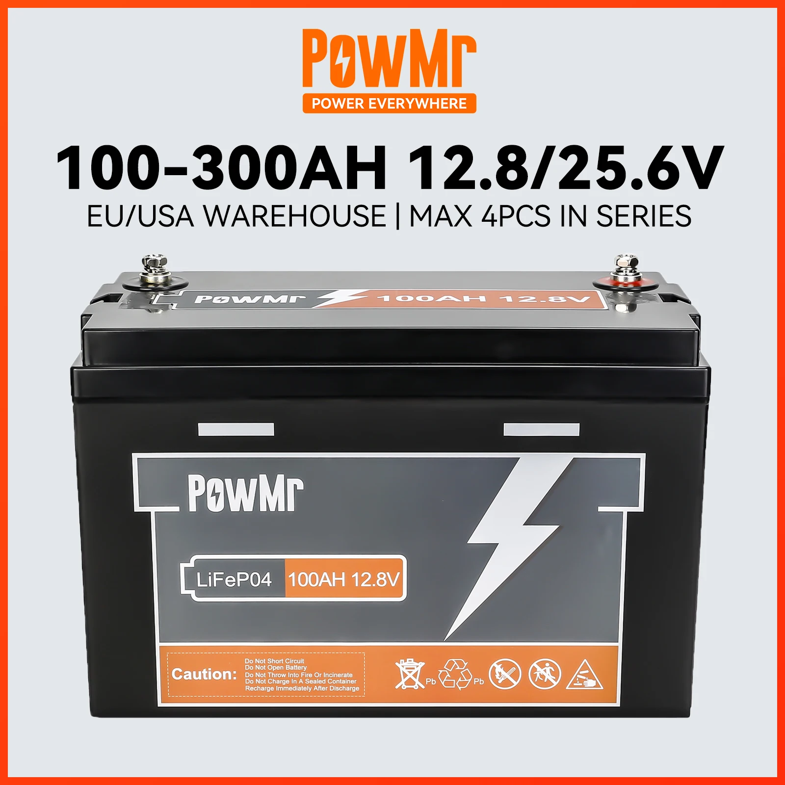 PowMr 12V 24V LiFePo4 Lithium Battery 100AH 150AH 200AH 300AH 12.8V 25.6V Batteries Max 4Pcs Series for Solar Controller