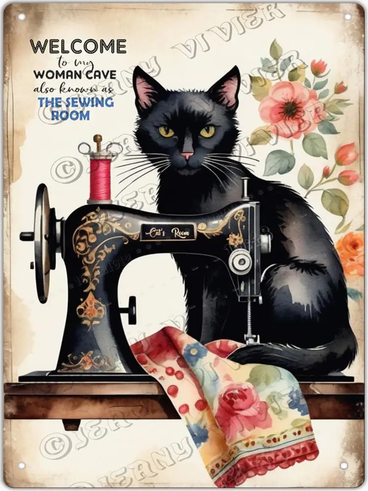 Black Cat Decor Vintage Metal Sign es New Aluminum Sewing Room Signs,Vintage Quilting Decor,House Warming Gifts Hom