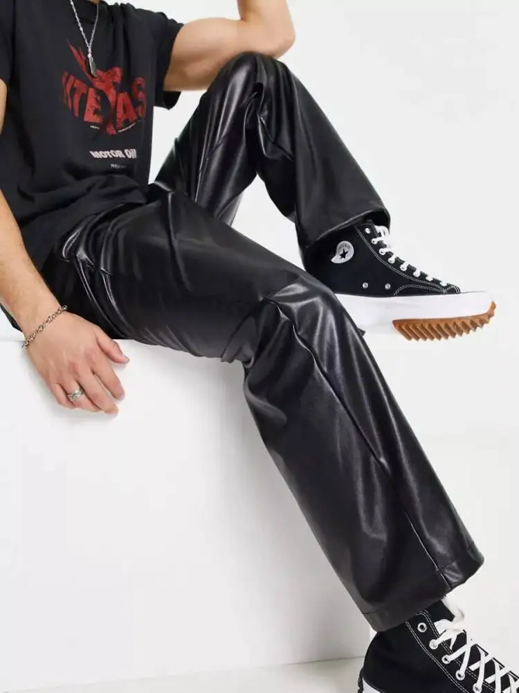 

Men's Straight Leather Motorcycle Clothing, Wide Pants, Singer's Niche, Attractive, Dark, Autumn, Winter, New