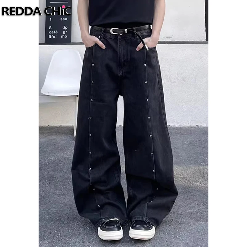 

REDDACHIC Unisex Rivet Stitch Black Baggy Jeans Men Vintage Wash Solid Oversize Low Rise Wide Straight Pants High Street Clothes