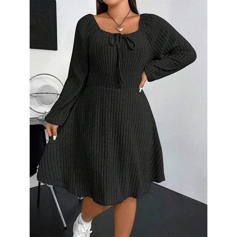 

2024 Women's Plus Size Dresses Knit Long Sleeve U-neck Dresses Fashion Loose Casual Dress Autumn and Winter Female Outwear