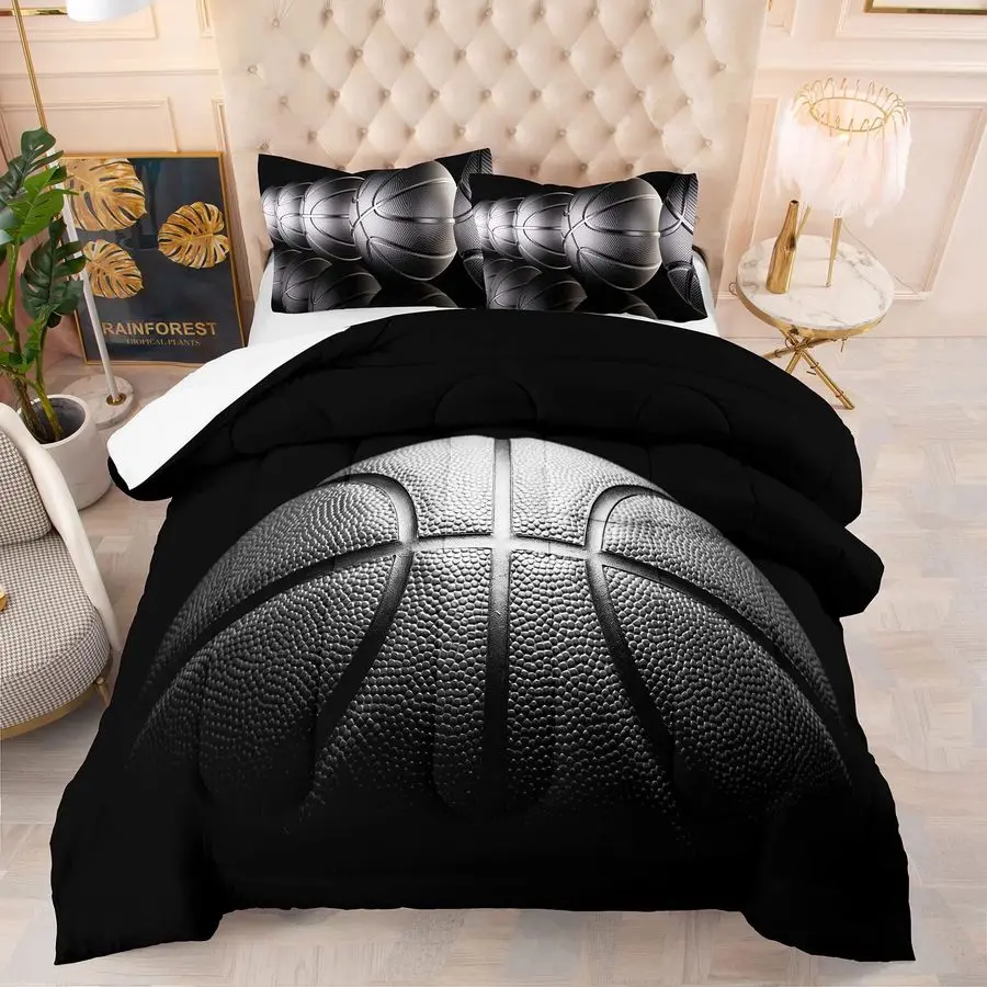 

Basketball Comforter Set for Boys Kids Teens Ultra Soft Microfiber Black and Gray Sports Theme Basketball Bedding Sets Full Size