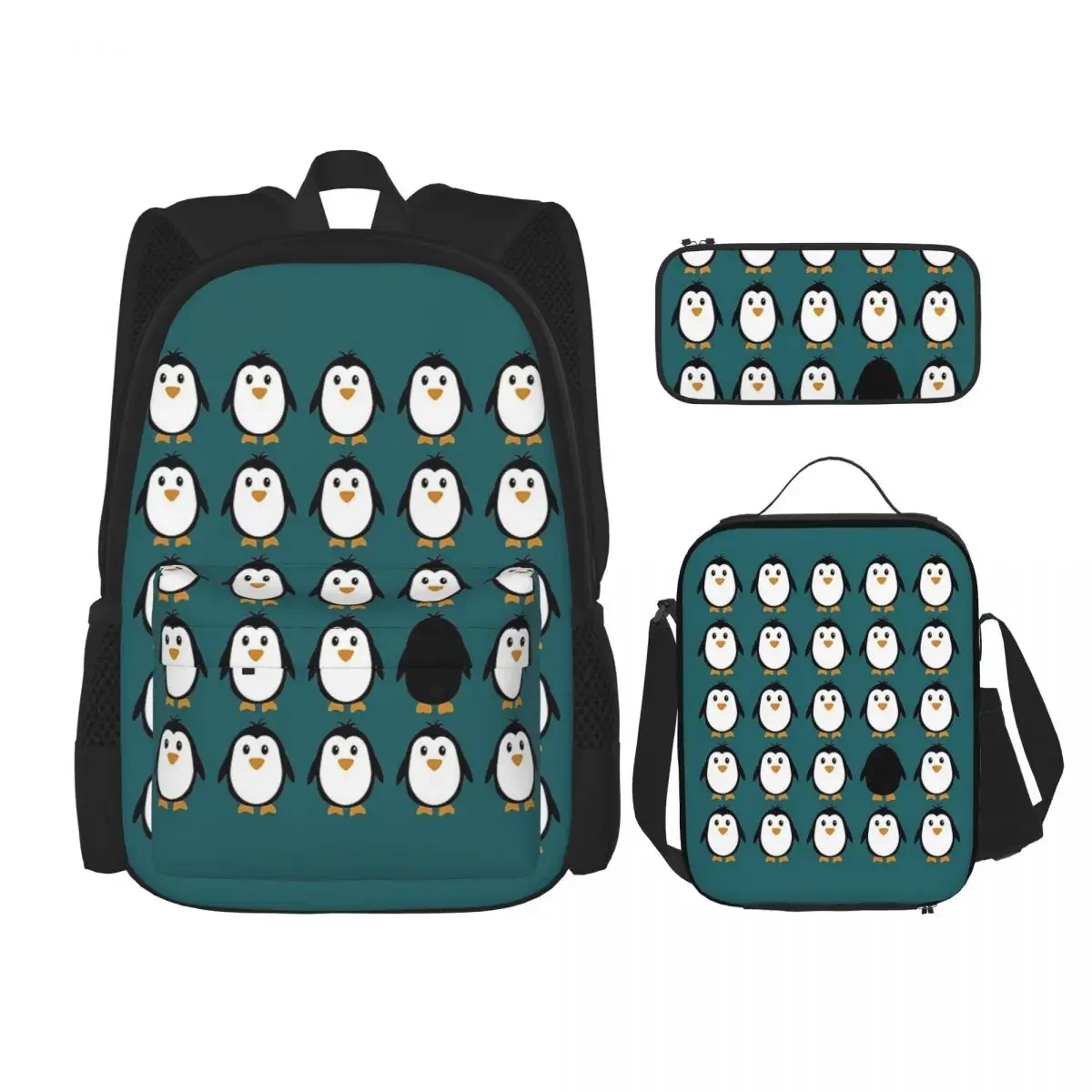 Conjunto de três peças de mochila escolar dos desenhos animados para crianças, pinguim, mochilas de colônia para estudantes, mochila para almoço, caneta para meninos e meninas