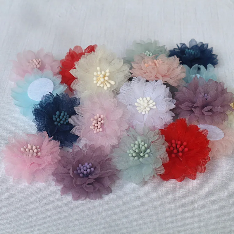 10Pcs 4CM Handmade Chiffon Fabric Cored Flowers For DIY Hair Accessories Hats Headband Wedding Dress Decoration