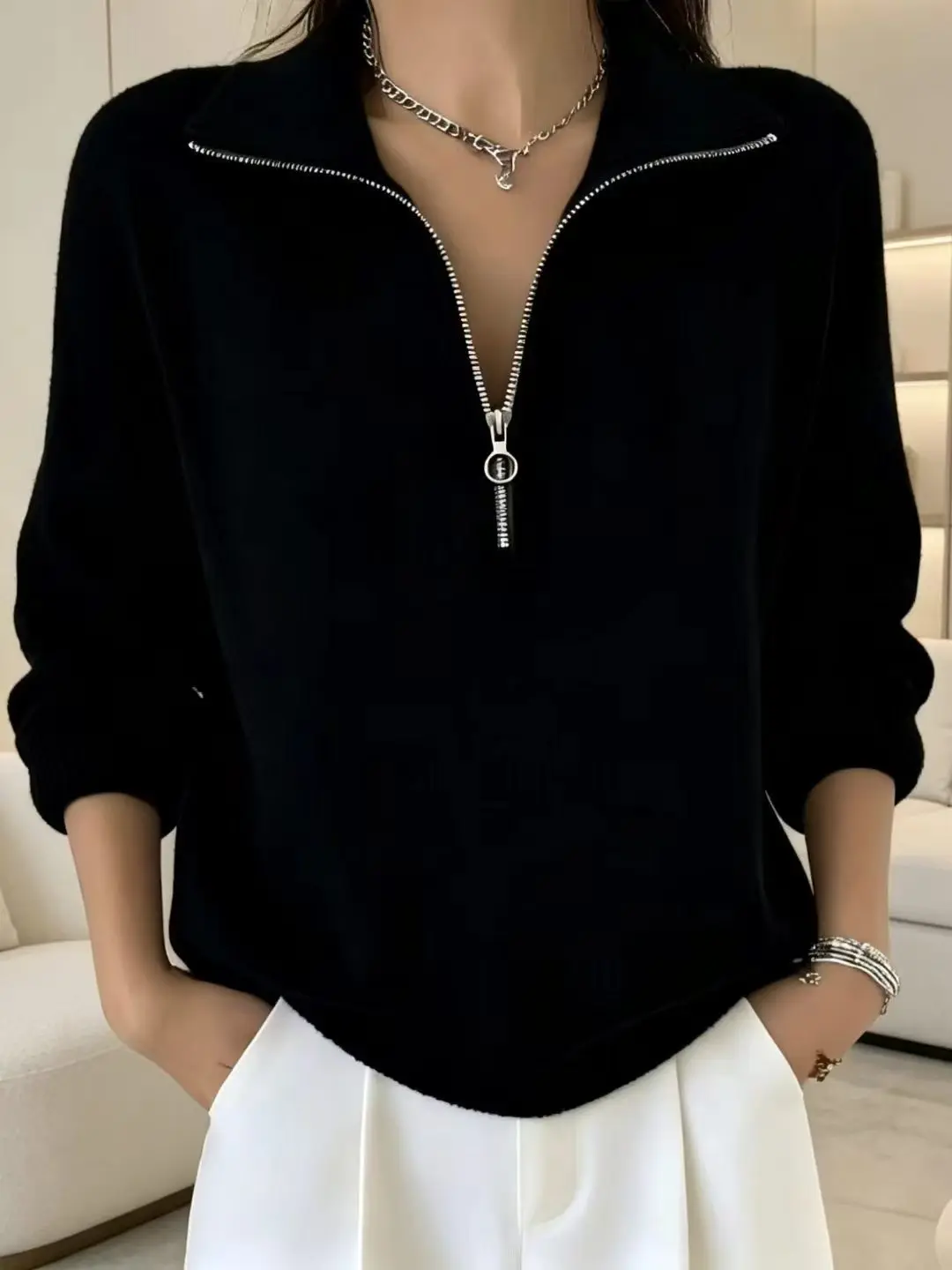2026 Autumn/Winter Loose Fashionable Long Sleeve Turn-down Collar Half-zip Sweater
