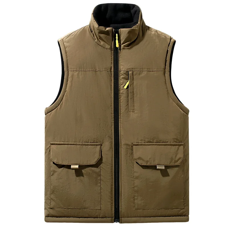 

Winter Vest Man Fleece Warm Sleeveless Jacket Solid Color Big Size Waistcoat Men Casual Double Sided Vest Outdoor Hiking Pocket