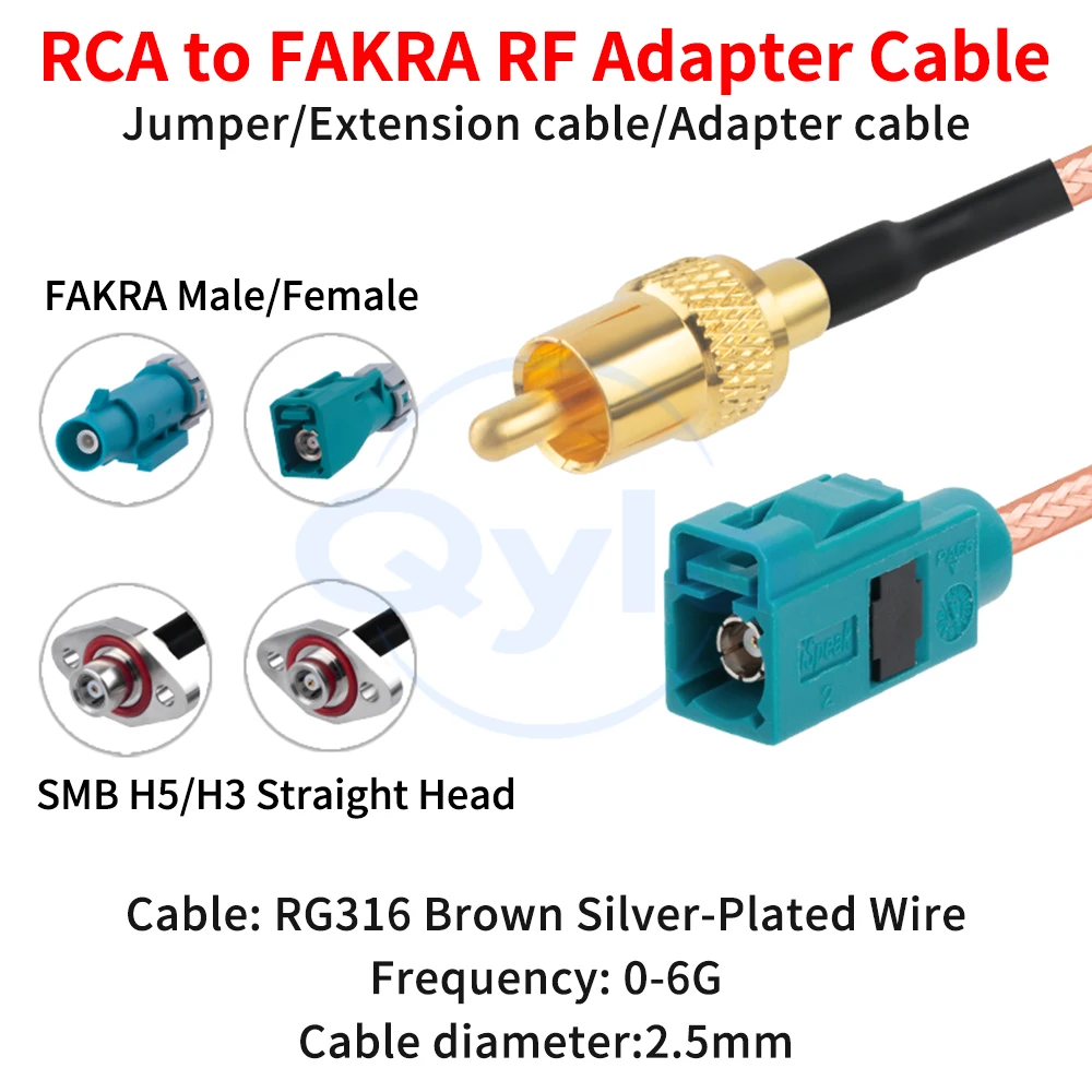 RCA to FAKRA Waterproof Male/Female Connector RG316 Brown Silver-Plated Cable Vehicle 360-Degree Panoramic Camera Cable (1 pcs)