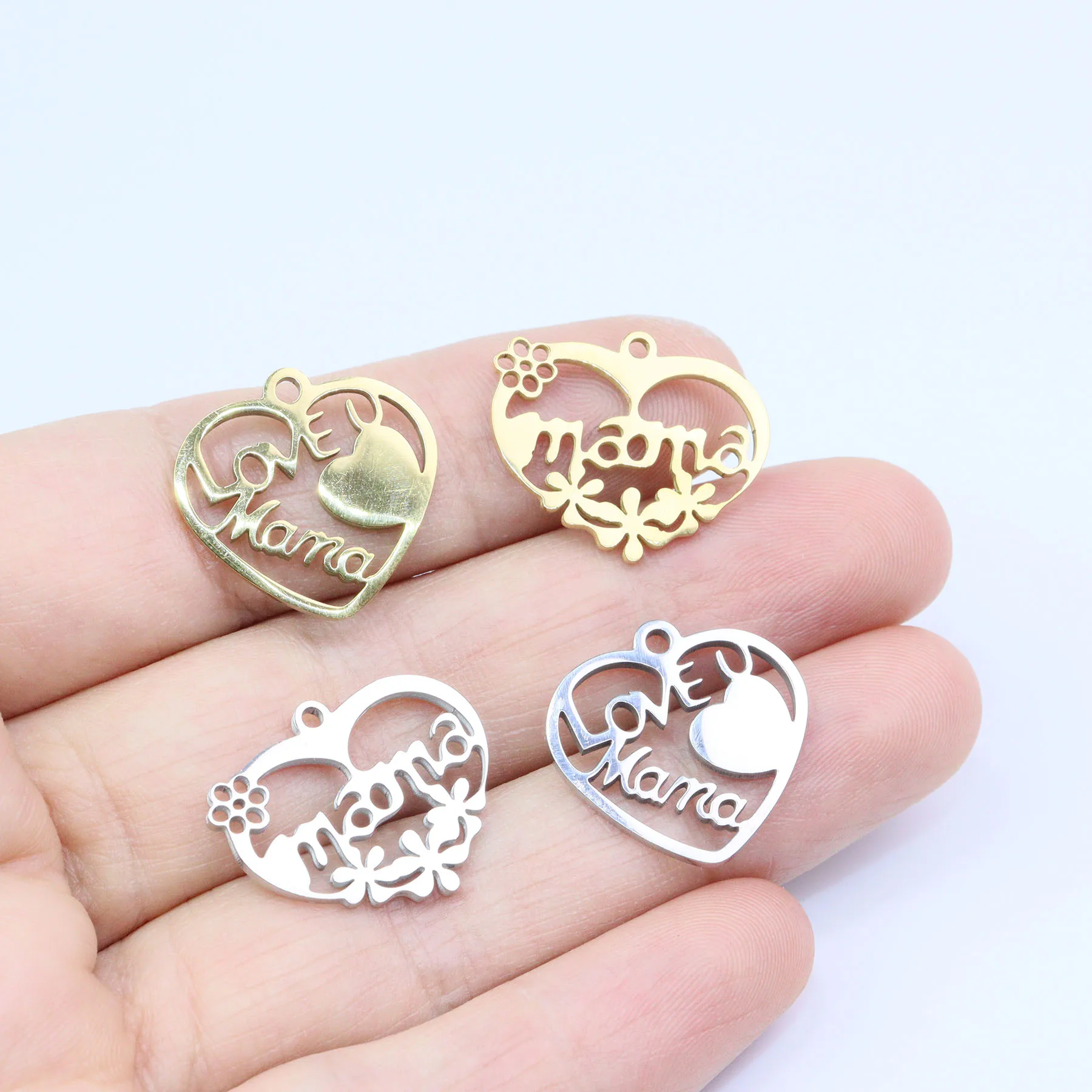

5pcs Stainless Steel Shiny Heart MOM Mother's Day Jewelry Charms Pendant DIY Handcraft Waterproof Antiallergic