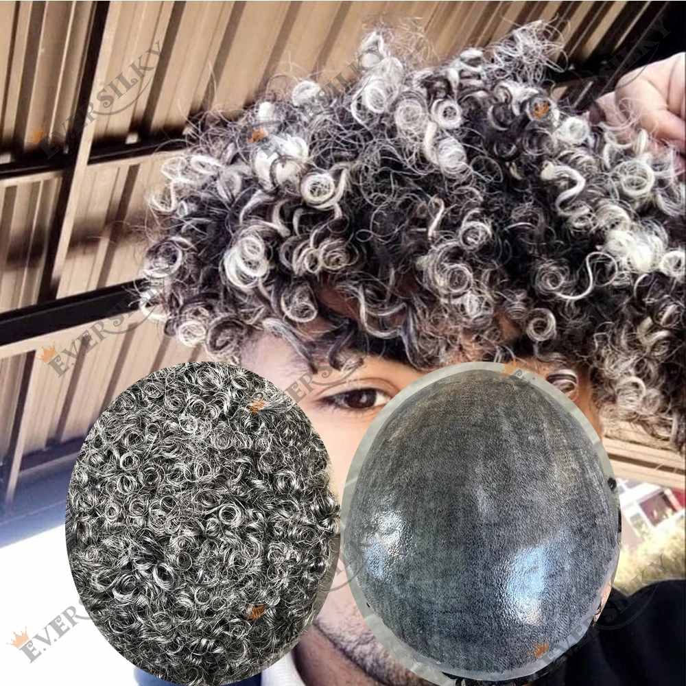 

Афро-кудрявый 15 мм Прочный кожа Полный мужской протез для волос из искусственной кожи Капиллярный Коричневый Серый Черный 1b65 1b80 100% человеческие волосы Мужская система париков