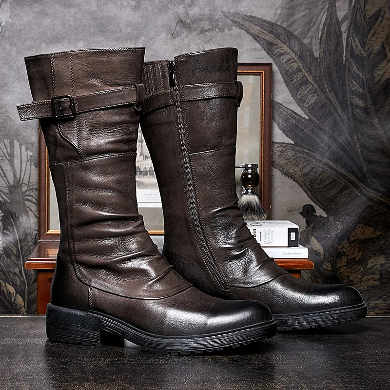 Fashion Genuine Leather Motorcycle Boots Tactical Uniform Boot Gothic Punk Waterproof Mid-calf Boots Heel Motocross Riding Boots